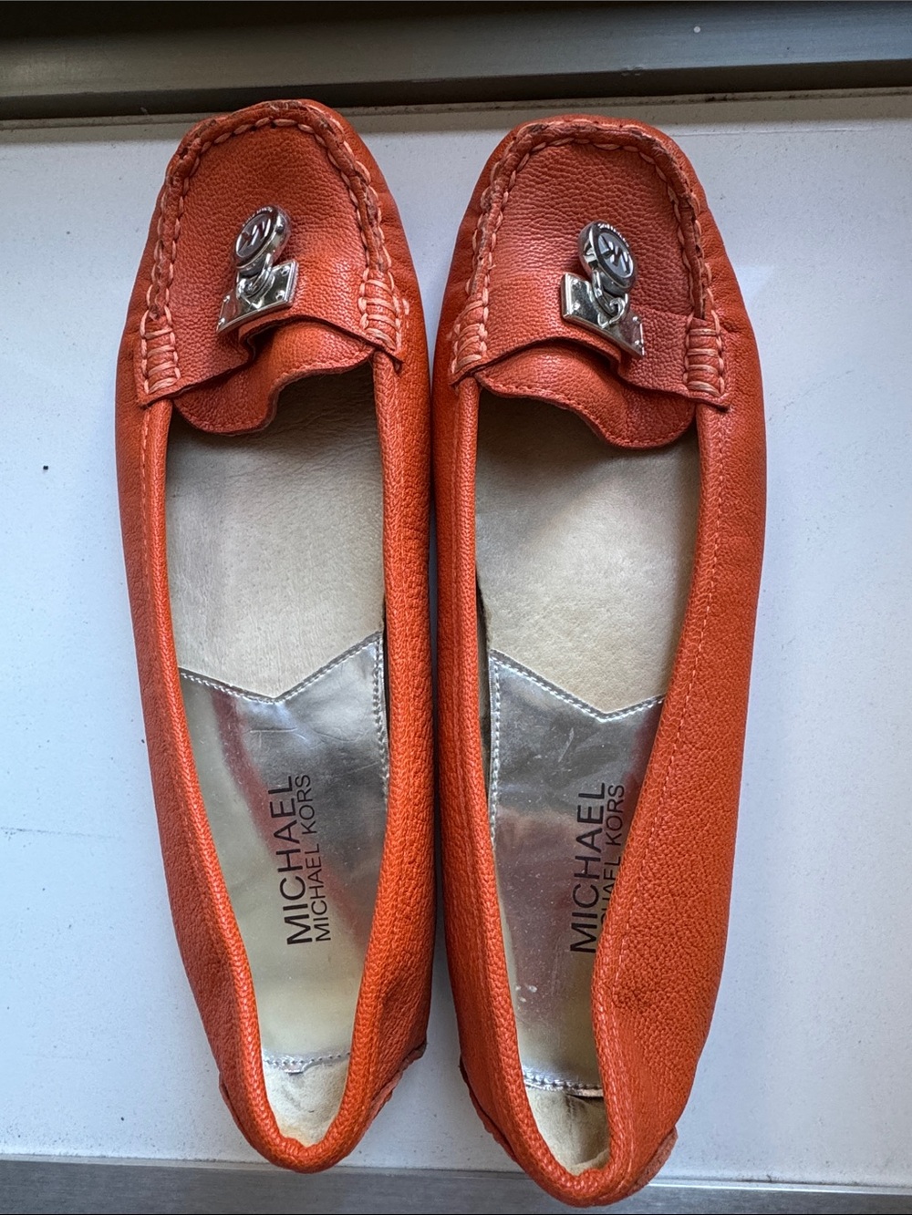 Michael Kors Orange Leather Logo Bit Driving Loafers